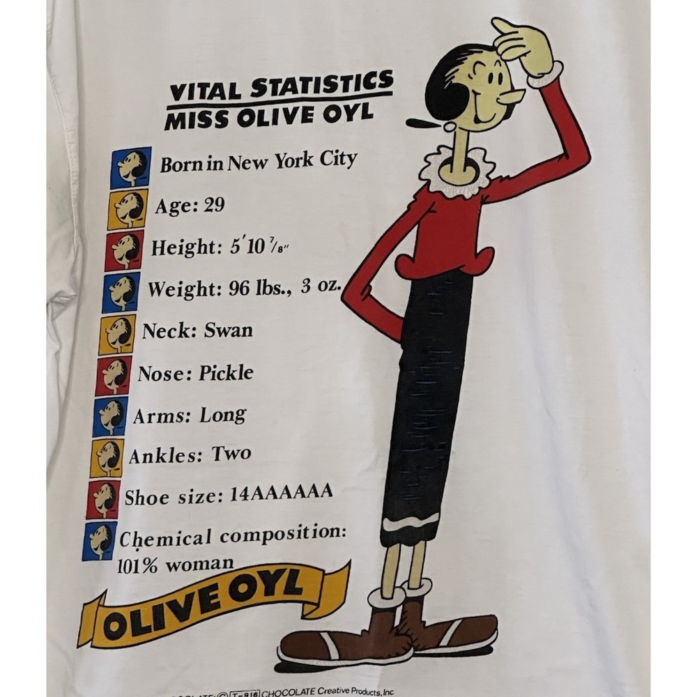 Vintage Olive Oyl T-Shirt Mens Large White Vital Statistic Hip Hop Cartoon Retro - Picture 2 of 15